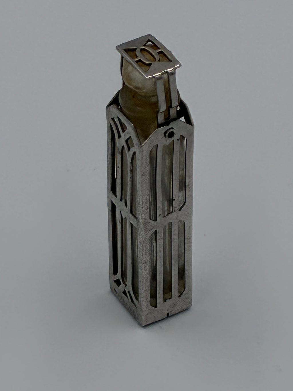 Wells Sterling Silver Caged Scent Bottle and Holder Art Deco