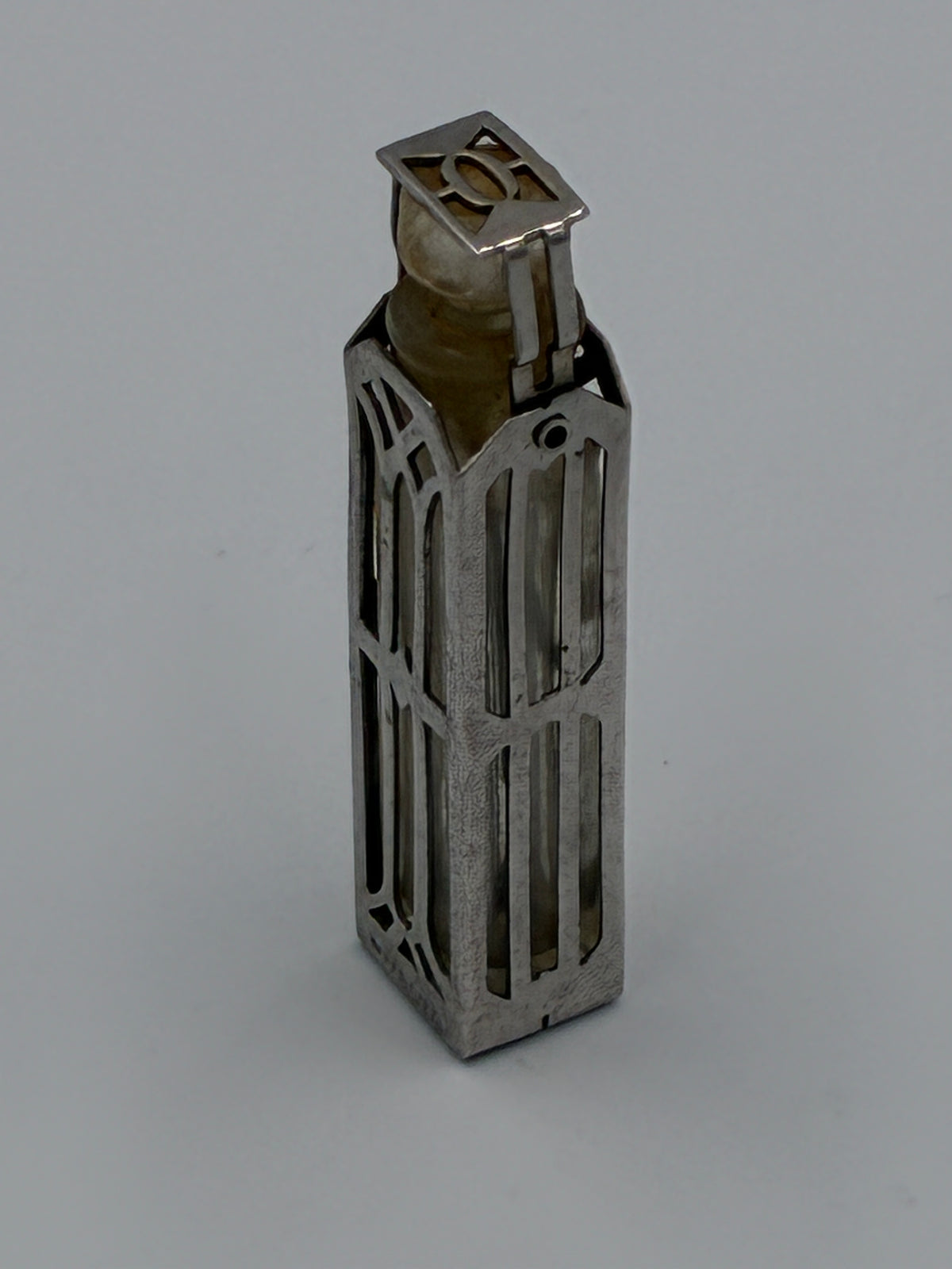 Wells Sterling Silver Caged Scent Bottle and Holder Art Deco