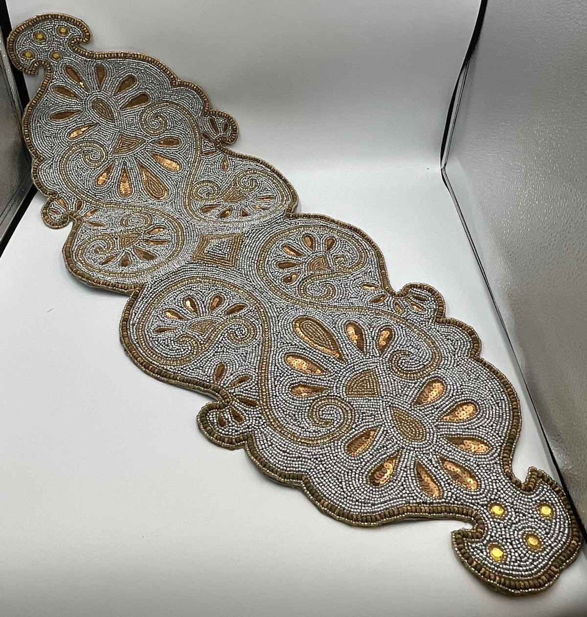 Elegant Silver and Gold Hand-Beaded Table Runner