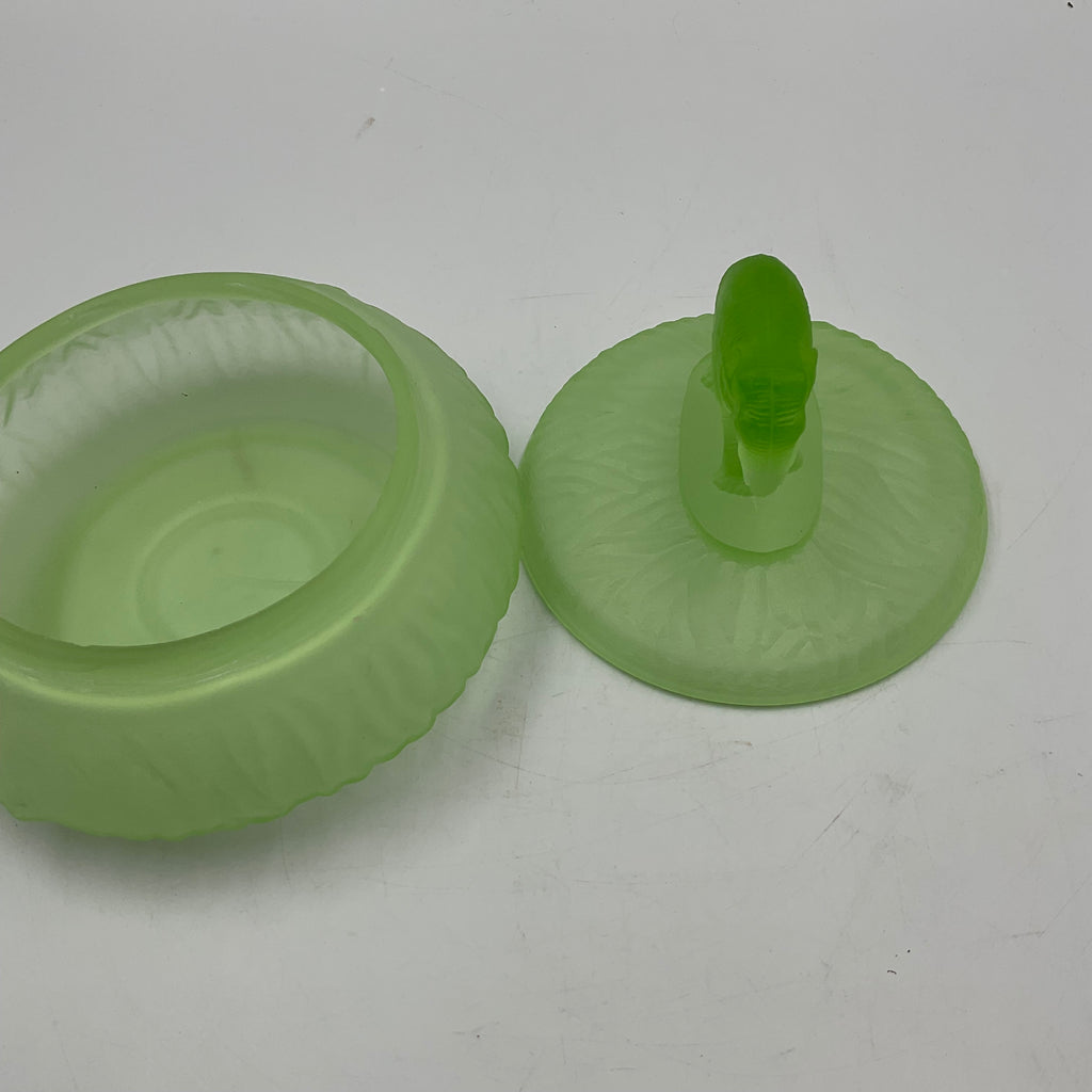 Elephant Powder Jar L.E Smith Frosted Green Uranium Glass