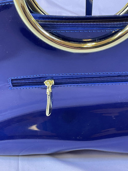 Royal Blue Patent Leather Style Goldtone Accent Zipper Tote Handbag