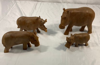 Genuine Besmo Wood Carvings Set of Four Hand-Carved Wooden Hippos Made in Kenya