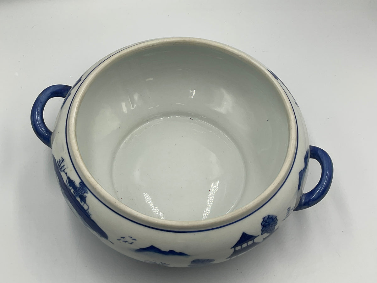 Blue and White Porcelain Lidded Soup Tureen Butterfly Handle Chinoiserie