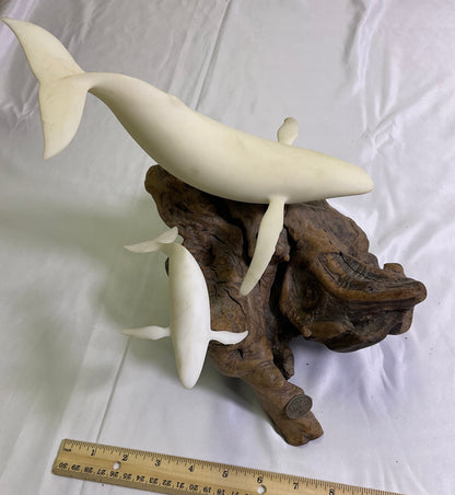 White Mother & Calf Humpback Whales Sculpture with Burlwood Base by John Perry