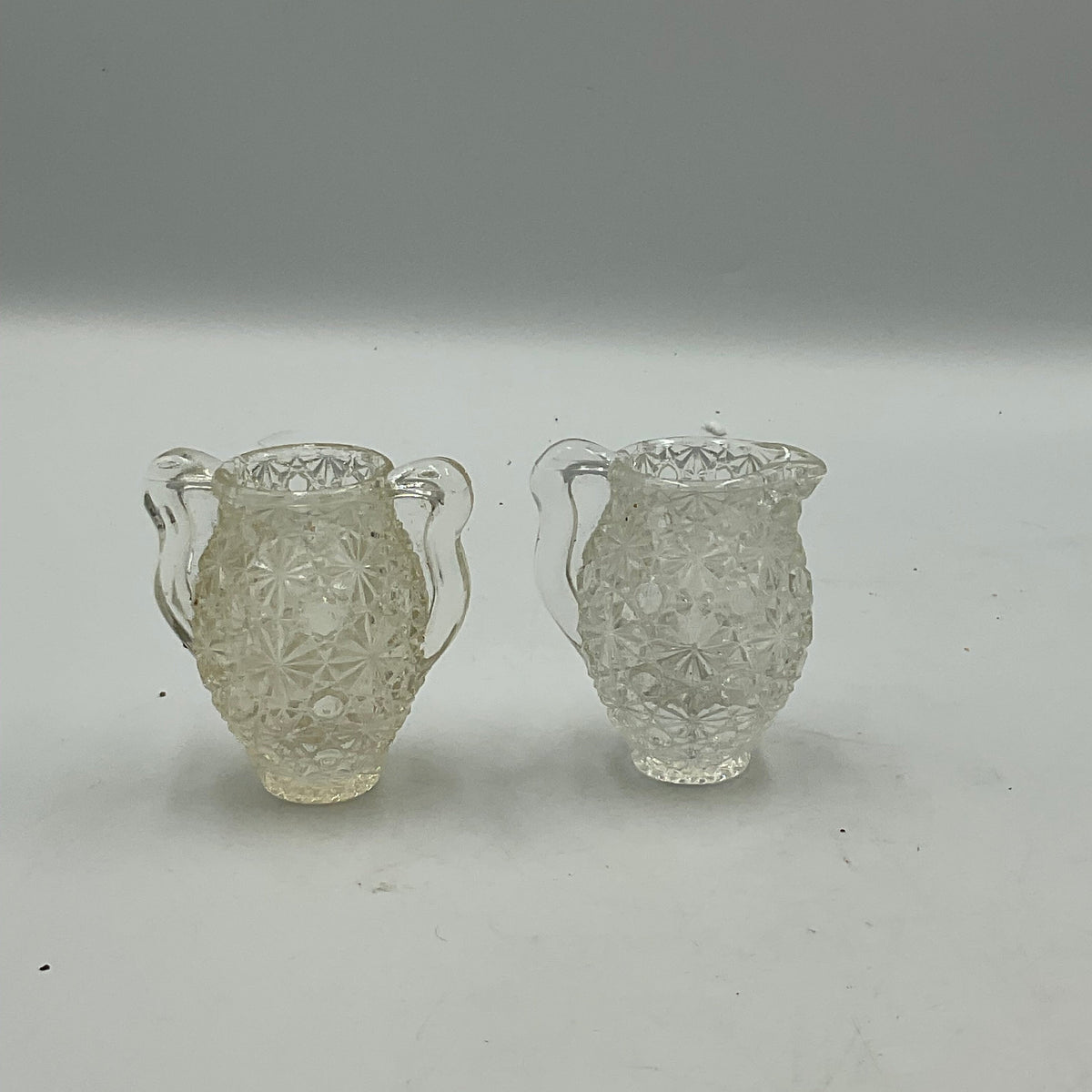 Matched Pressed Glass Toothpick Holders Mini Creamer and Sugar Jar set Clear