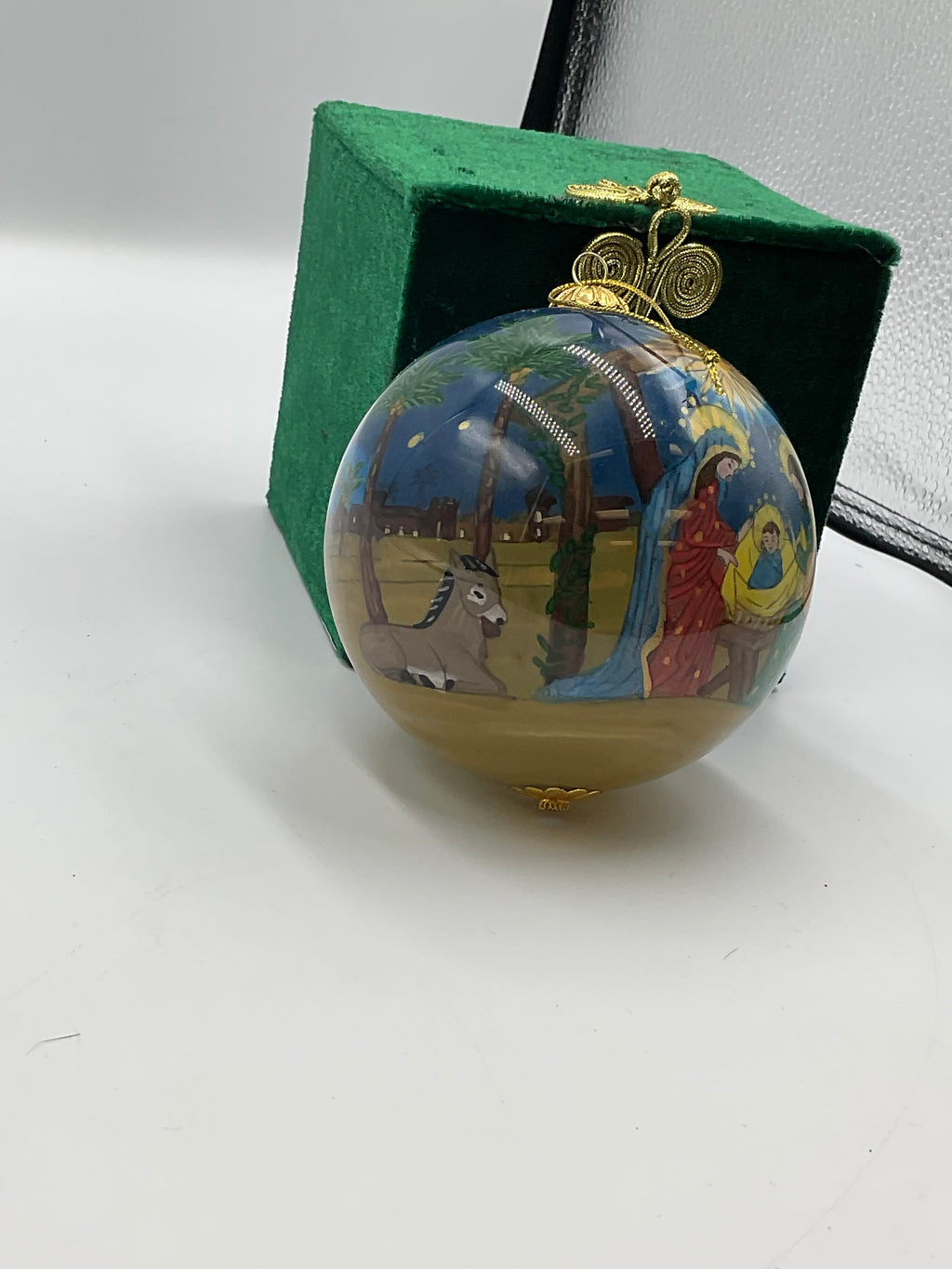 Pier 1 Li Bien Nativity Christmas Ornament Hand Painted Inside Glass Green Box
