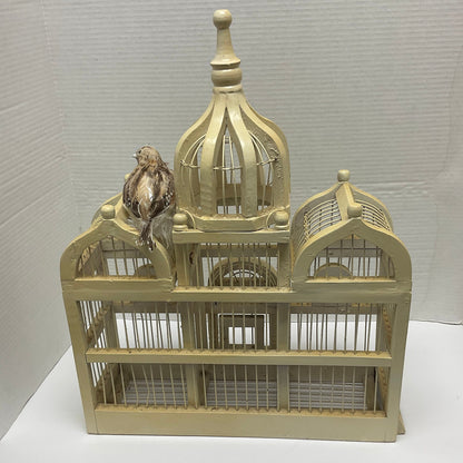 Taj Mahal Inspired Vintage White Wood and Wire Bird Cage and Decorative Bird