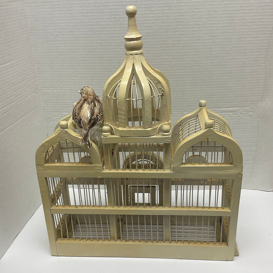 Taj Mahal Inspired Vintage White Wood and Wire Bird Cage and Decorative Bird
