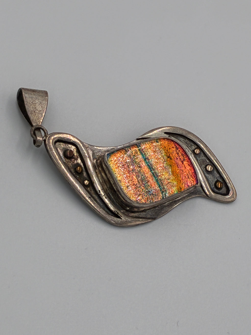 Artisan Dichroic Fused Glass Pendant 14K Gold Sterling Signed CRC As-Is