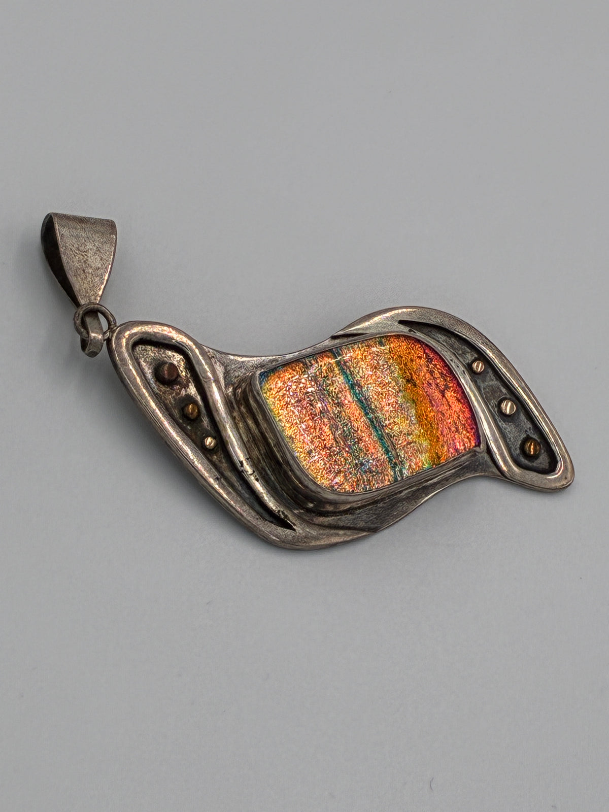 Artisan Dichroic Fused Glass Pendant 14K Gold Sterling Signed CRC As-Is