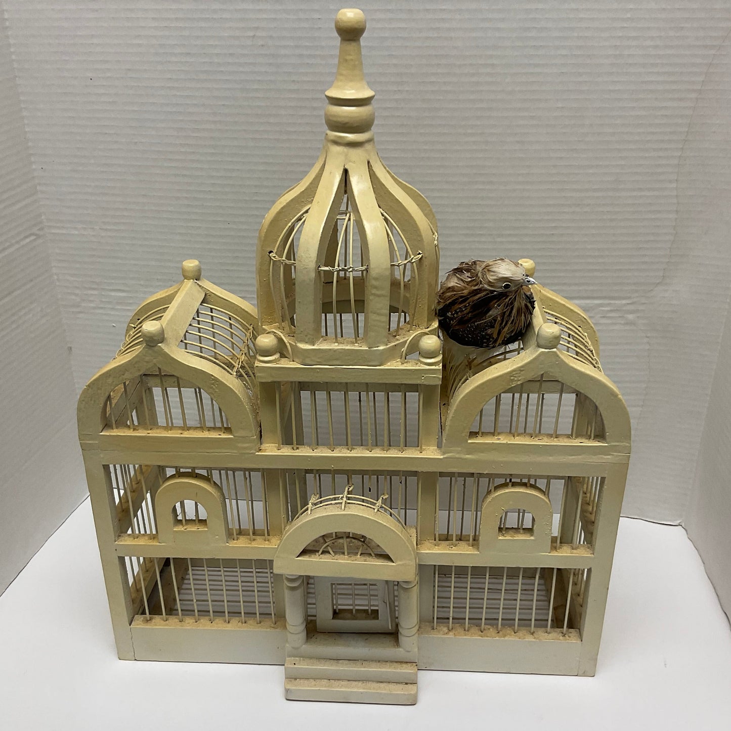 Taj Mahal Inspired Vintage White Wood and Wire Bird Cage and Decorative Bird