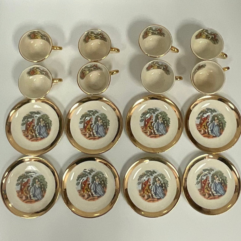 22K Gold 16 Piece Set Vintage Hand-Painted Colonial Teacups Saucers