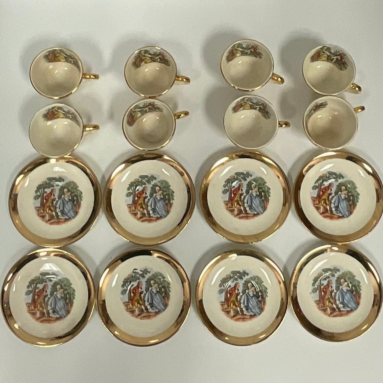 22K Gold 16 Piece Set Vintage Hand-Painted Colonial Teacups Saucers