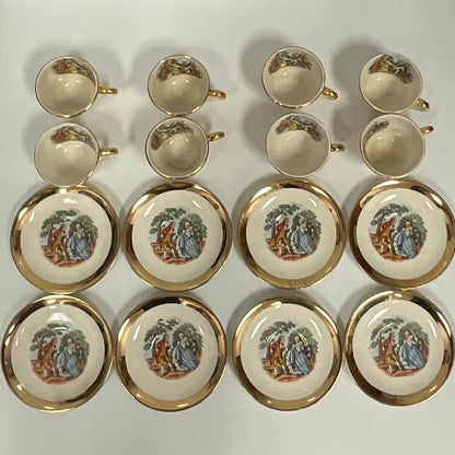 22K Gold 16 Piece Set Vintage Hand-Painted Colonial Teacups Saucers