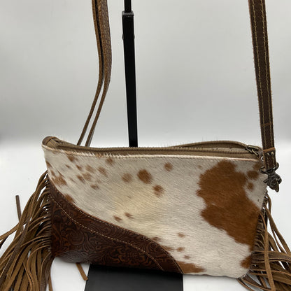 Myra Bag Cowhide White and Brown over the Shoulder Crossbody Purse.