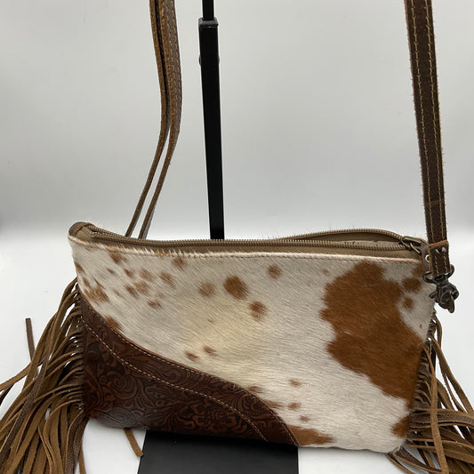 Myra Bag Cowhide White and Brown over the Shoulder Crossbody Purse.