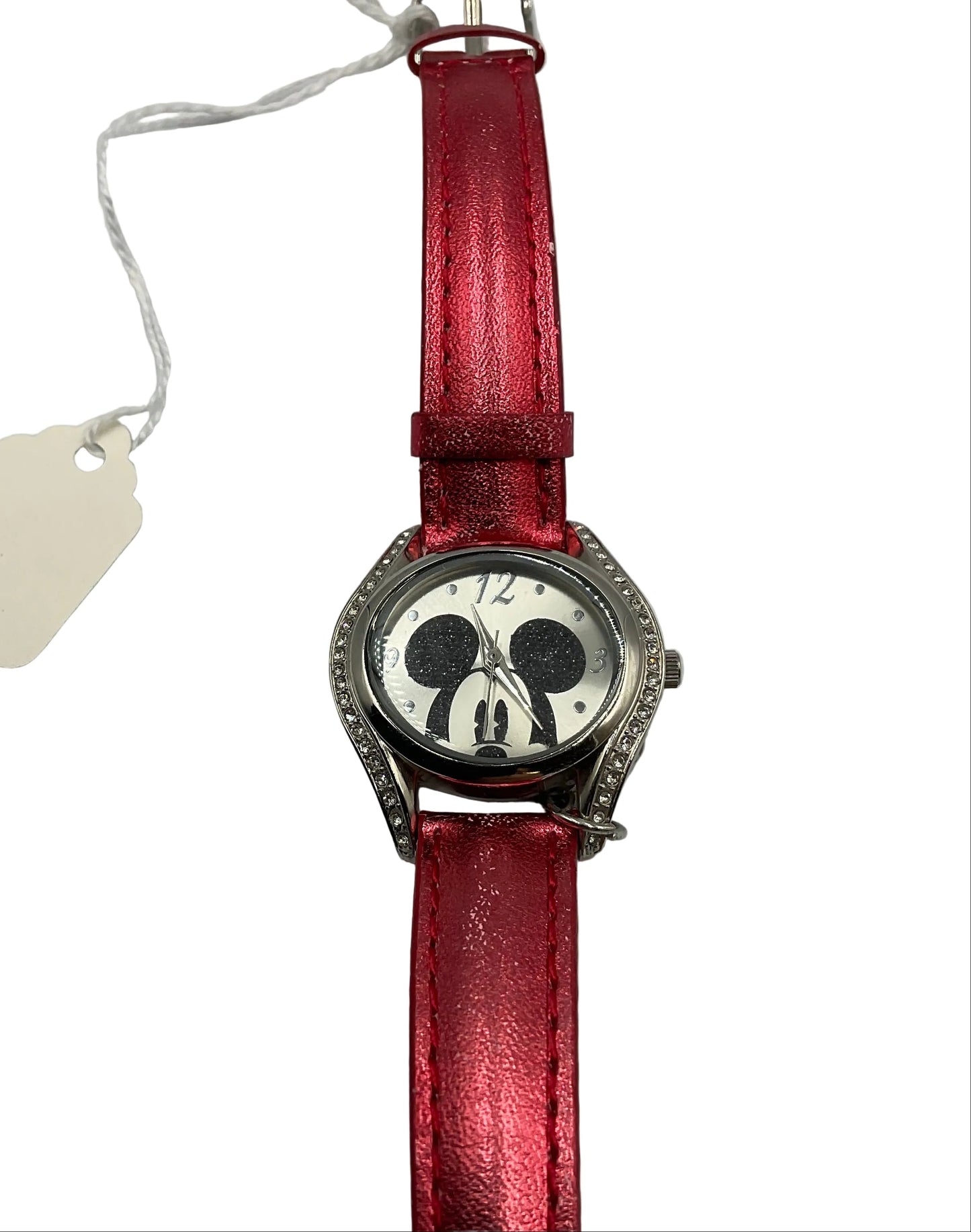 Disney Mickey Mouse Silvertone Rhinestone Glitter Red Watch New Battery
