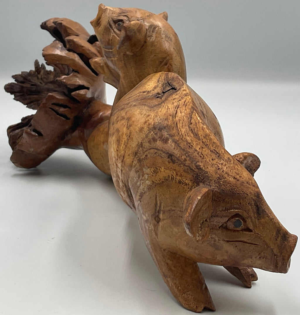Pig Sculpture Burl Wood Folk Art Handcrafted Burl-Knot 11"