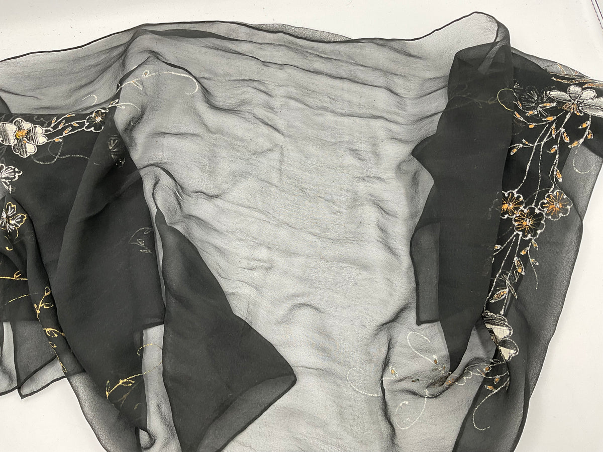 Vintage Black Sheer Floral Embroidered Scarf Wrap Shawl Woman's Accessory
