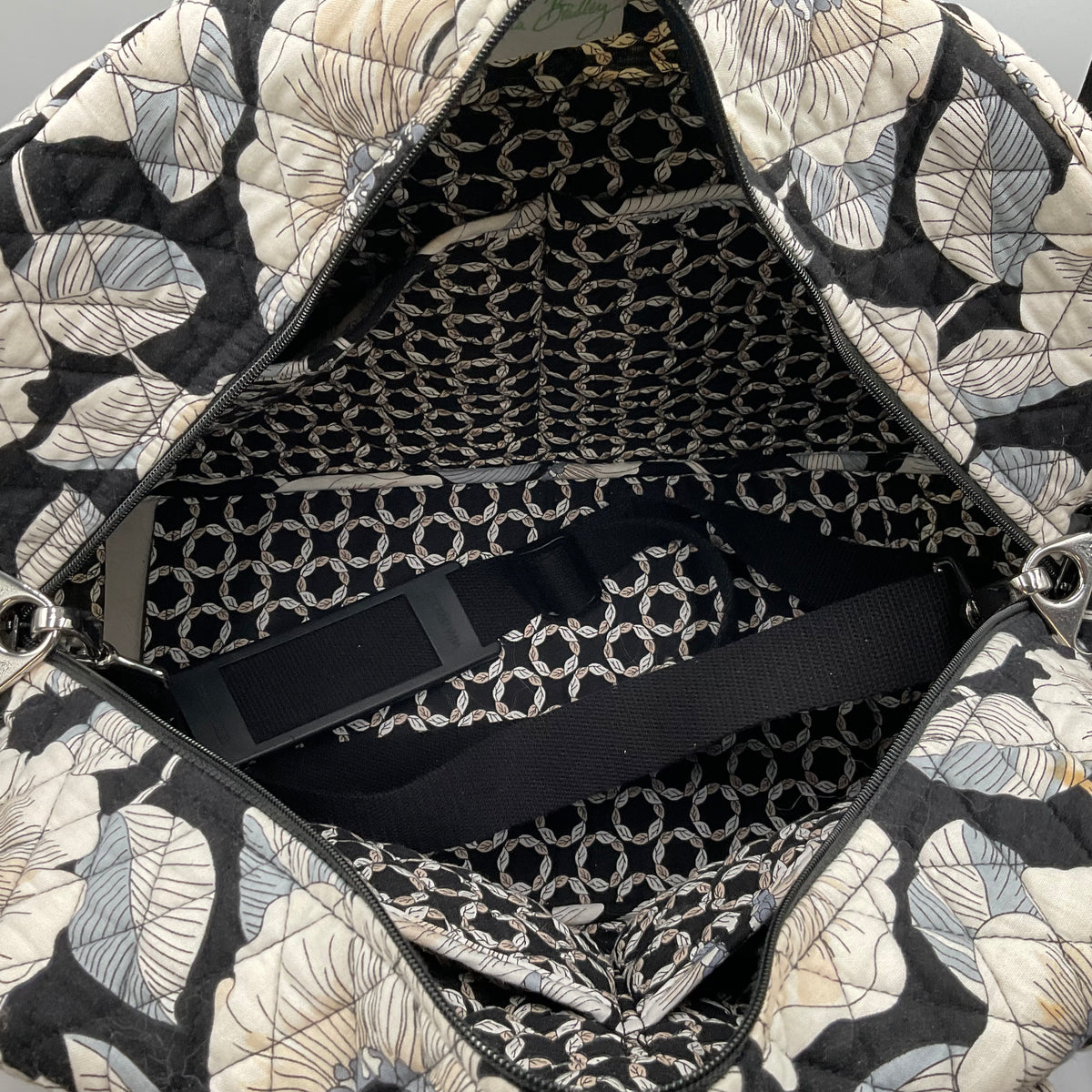 Vera Bradley Large Duffel Bag Black With White/Tan Flowers