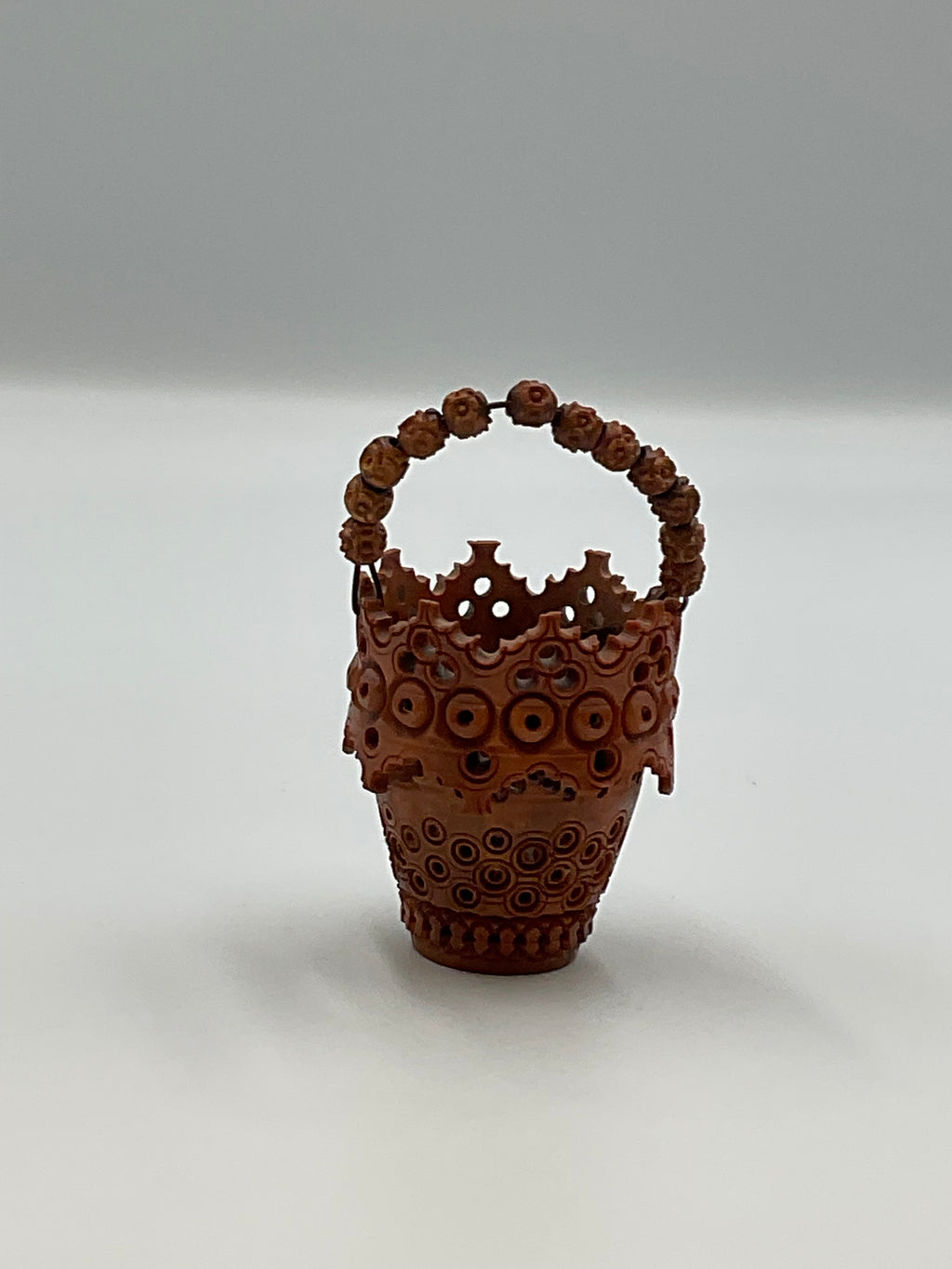 Miniature Coquilla Nut Basket Scalloped Beaded Handle