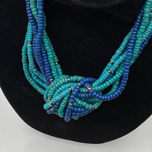 Multi Strand Bunched Birds Nest Blue Beaded Necklace