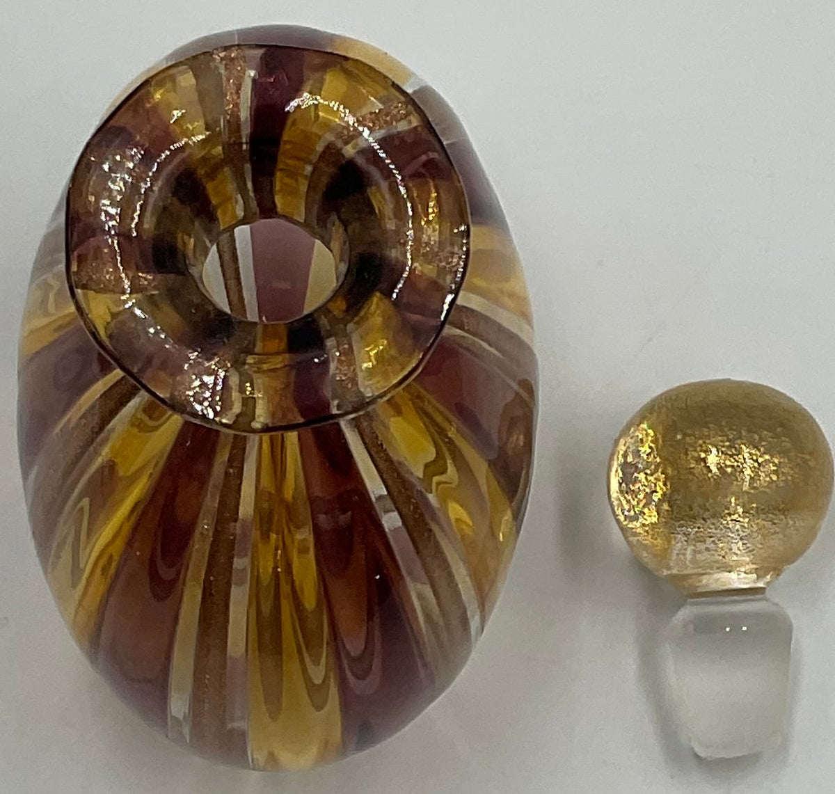 Murano Style Striped Art Glass Bottles Gold Aventurine Stoppers Set of 2