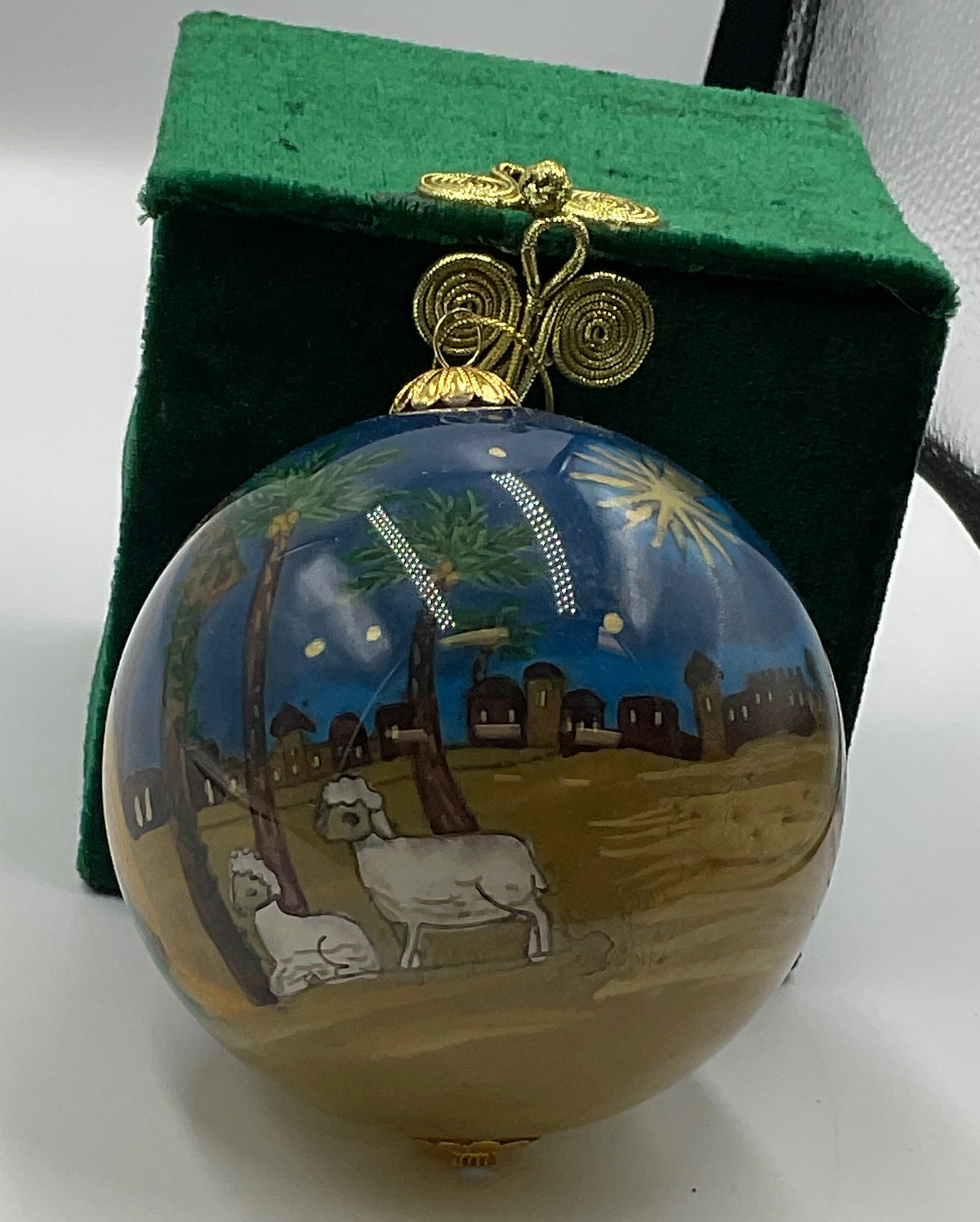 Pier 1 Li Bien Nativity Christmas Ornament Hand Painted Inside Glass Green Box
