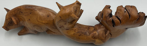Pig Sculpture Burl Wood Folk Art Handcrafted Burl-Knot 11"