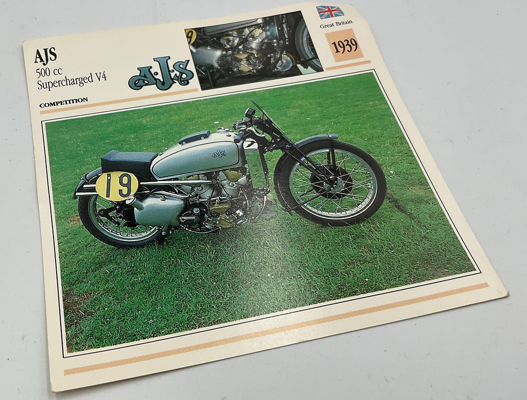 Vintage AJS 500cc Supercharged V4 Competition Motorcycle Info Card Spec Sheet