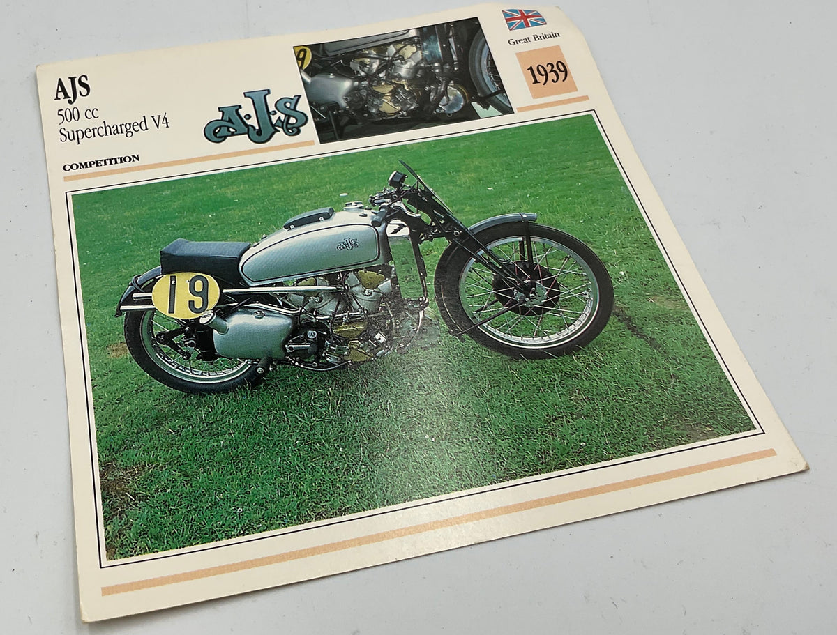 Vintage AJS 500cc Supercharged V4 Competition Motorcycle Info Card Spec Sheet