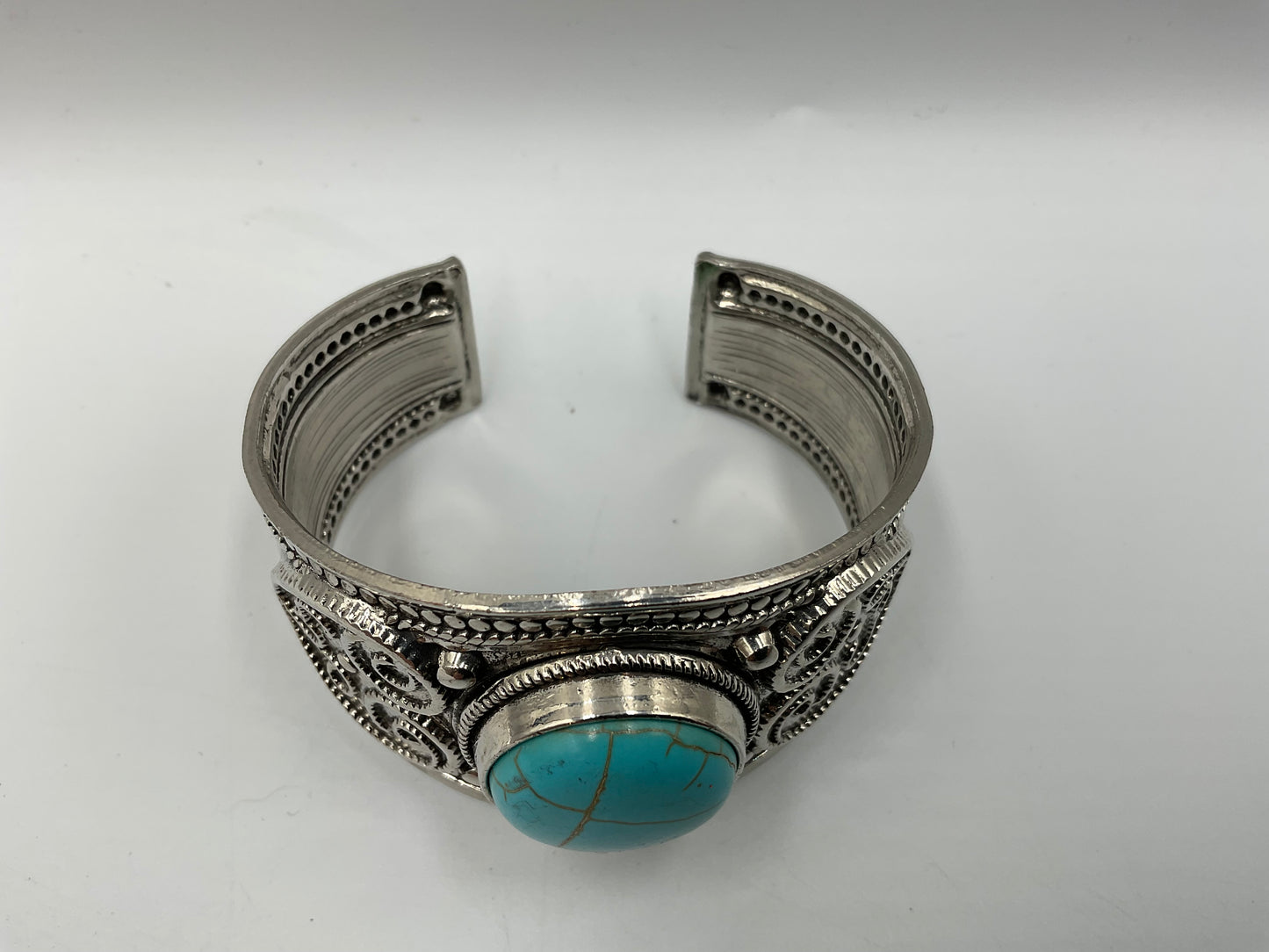Cuff Bracelet Blue Turquoise Stone Set In Silver