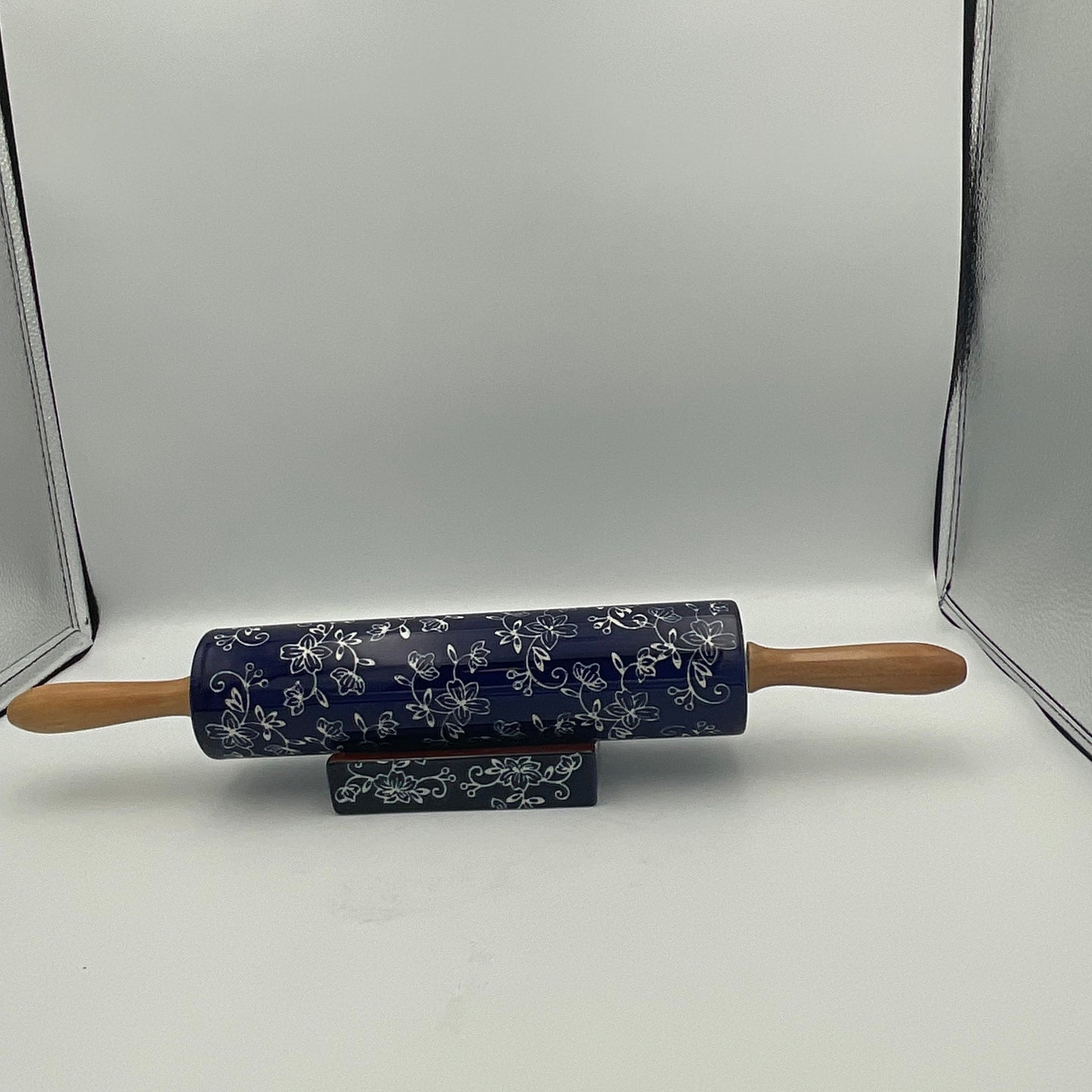 Temp-tations Floral Lace Blue Ceramic Rolling Pin With Wooden Handles With stand