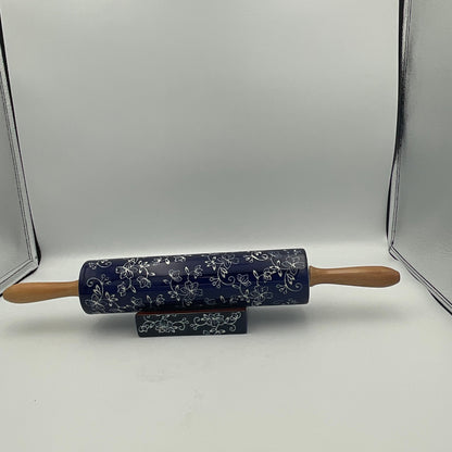 Temp-tations Floral Lace Blue Ceramic Rolling Pin With Wooden Handles With stand