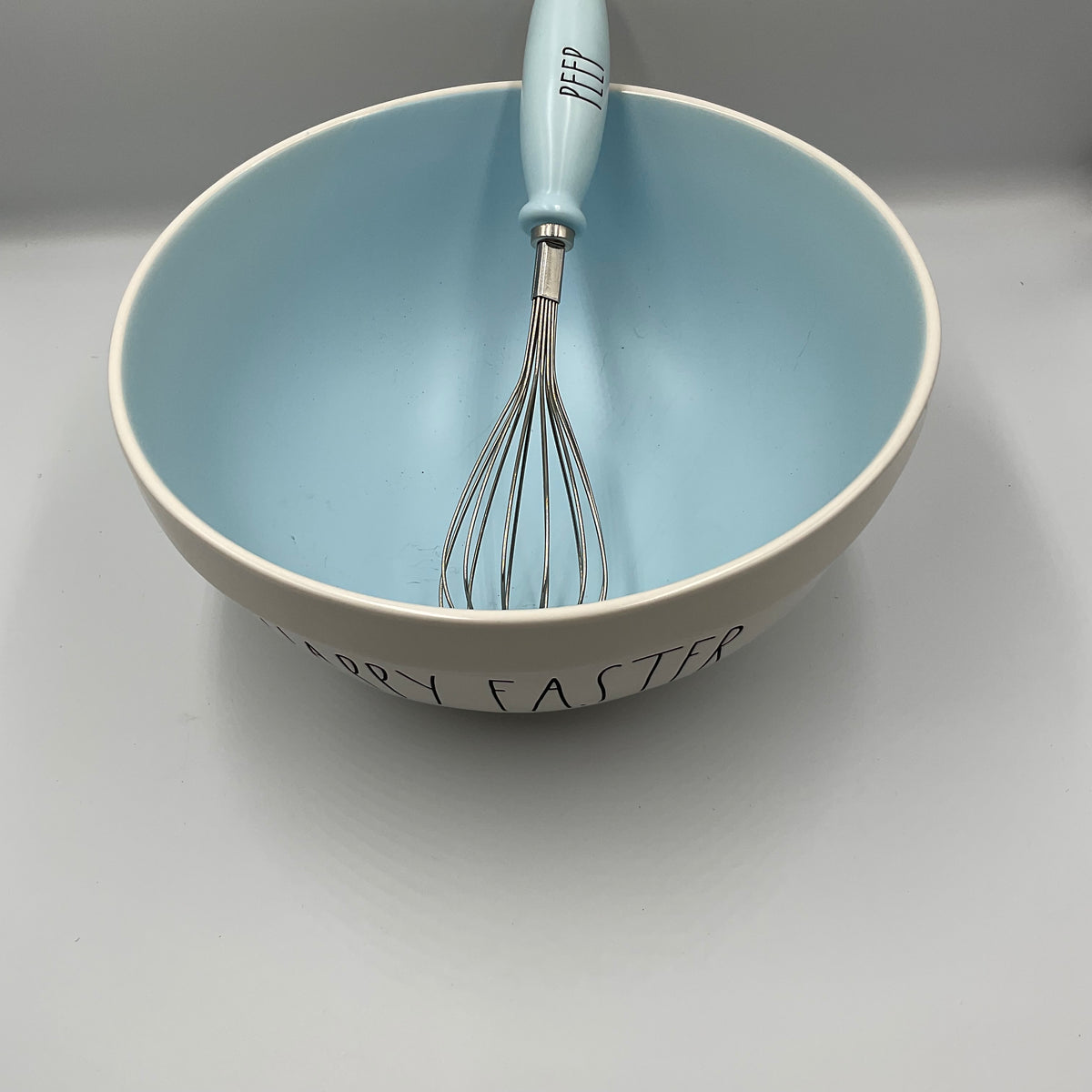 Rae Dunn Happy Easter Blue Ceramic Mixing Bowl PEEP Whisk Set
