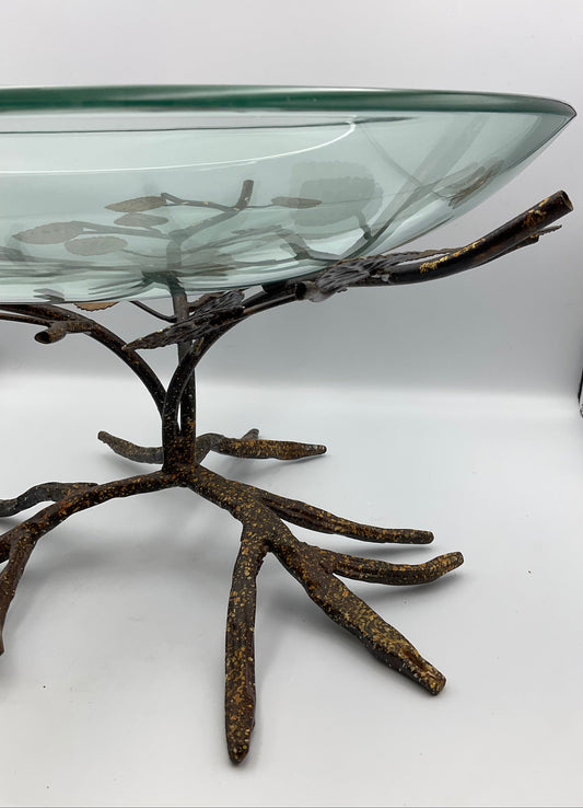 Kensington Oversized Art Glass Bowl with Twig Leaves Base Stand