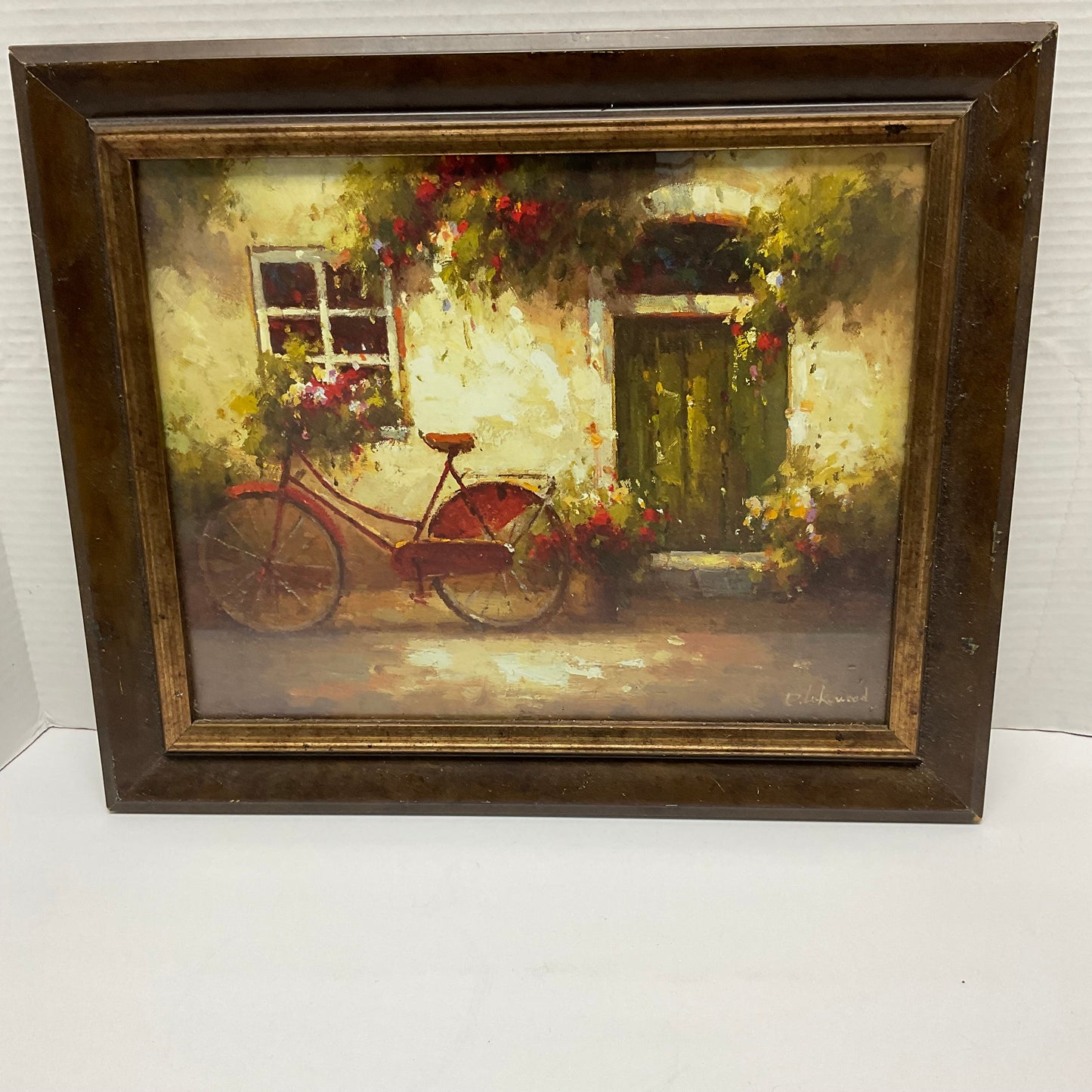 David Lakewood Painting Of Red Bicycle Parked Outside a Stone House