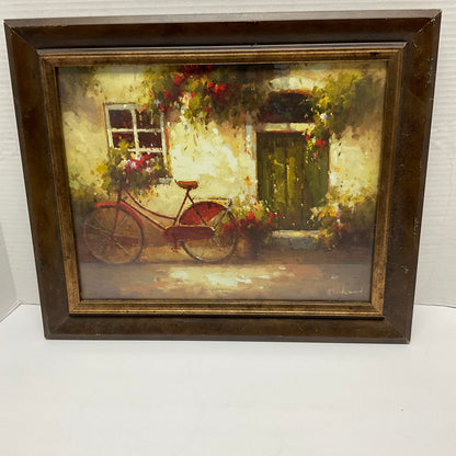 David Lakewood Painting Of Red Bicycle Parked Outside a Stone House