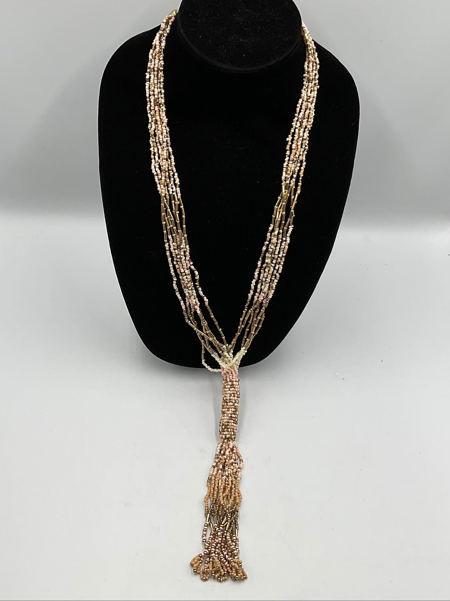 Long Dangling Tassel Necklace Tan Small Beaded Design Fashion Jewelry