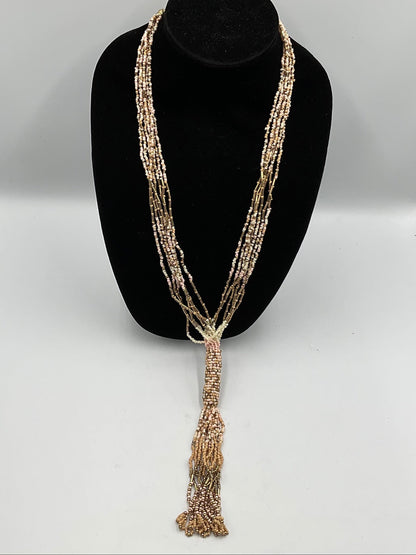 Long Dangling Tassel Necklace Tan Small Beaded Design Fashion Jewelry