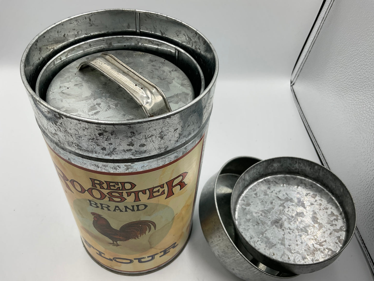 RED ROOSTER Vintage Tin Canister Nesting 4 Cans, Flour Sugar Coffee Tea