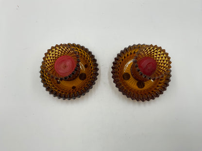 Set of 2 Vintage Diamond Cut Amber Glass Candle Holders