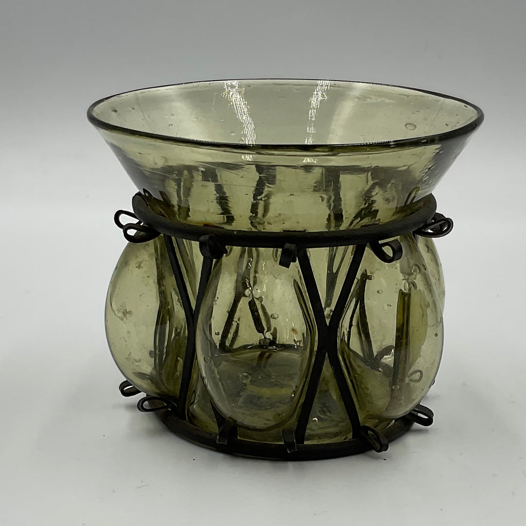 Vintage Hand Blown Green Caged Wrought Iron Candle Holder