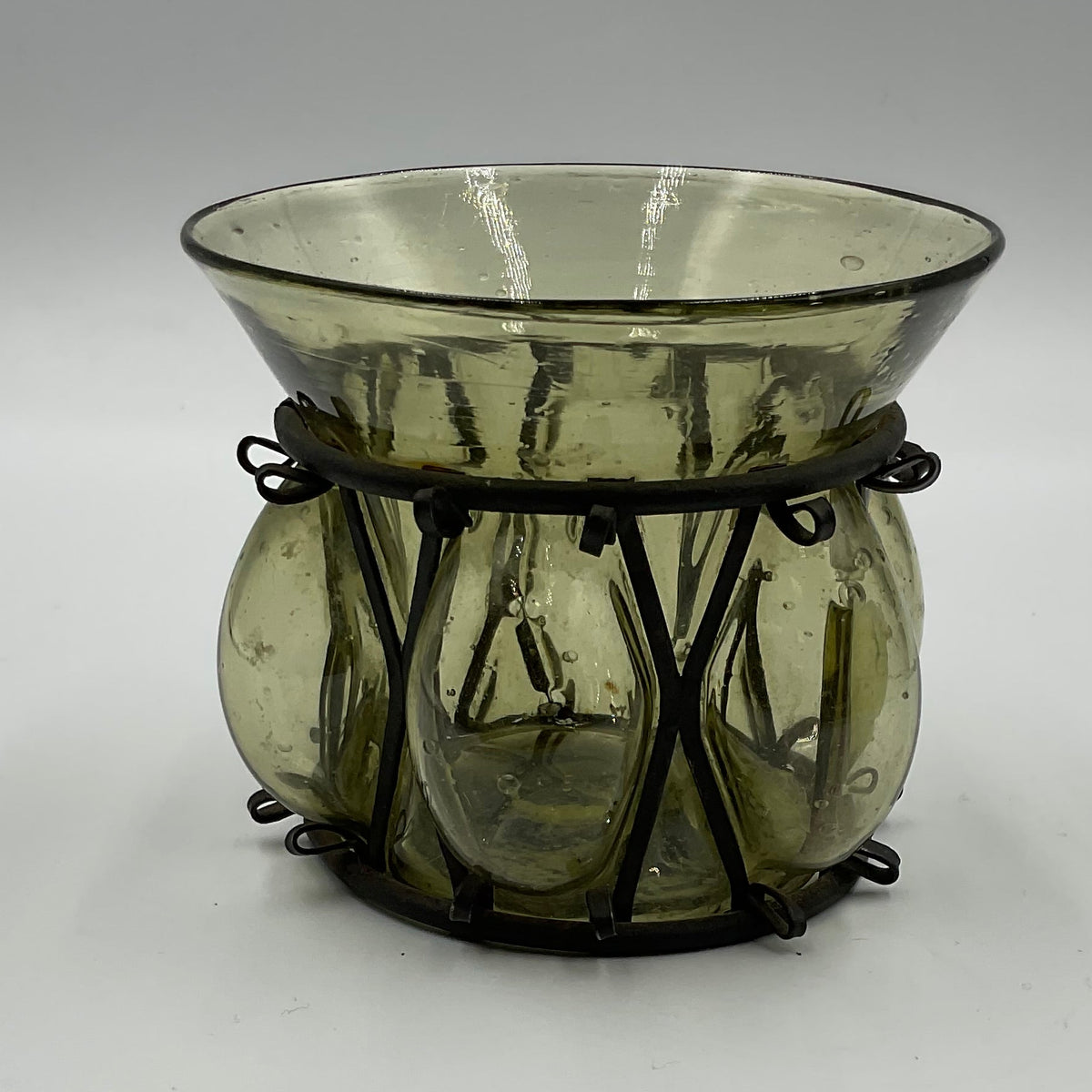 Vintage Hand Blown Green Caged Wrought Iron Candle Holder