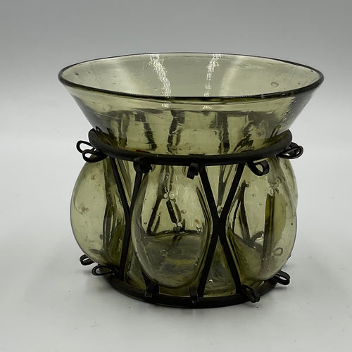 Vintage Hand Blown Green Caged Wrought Iron Candle Holder