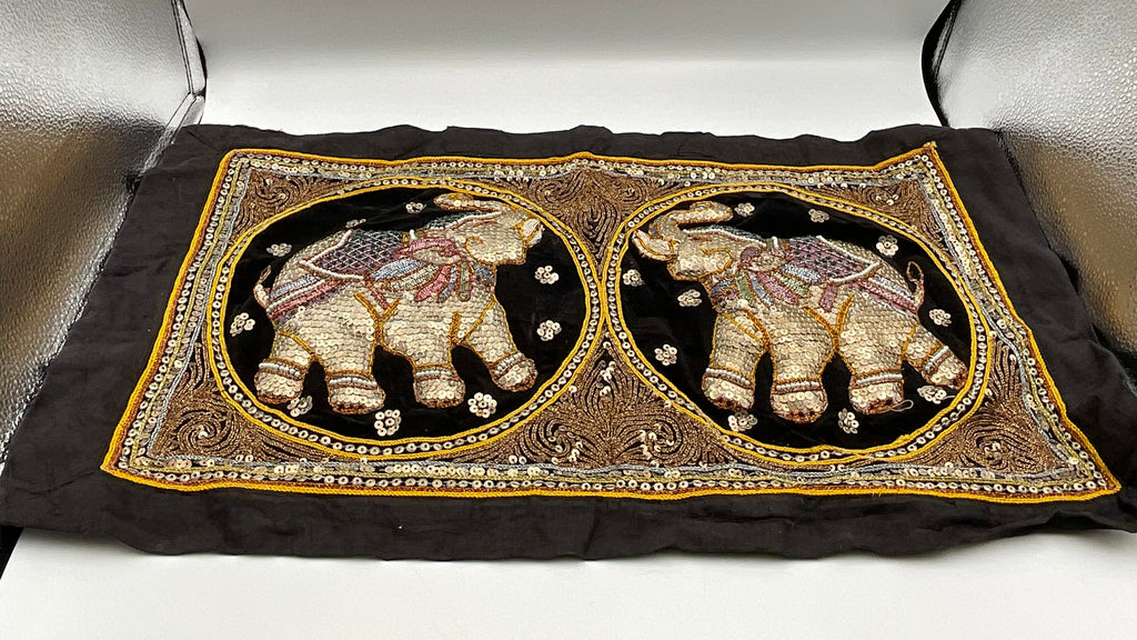 Vintage Burmese Kalaga Tapestry Hand Embroidered Elephant Wall Hanging Made in Myanmar