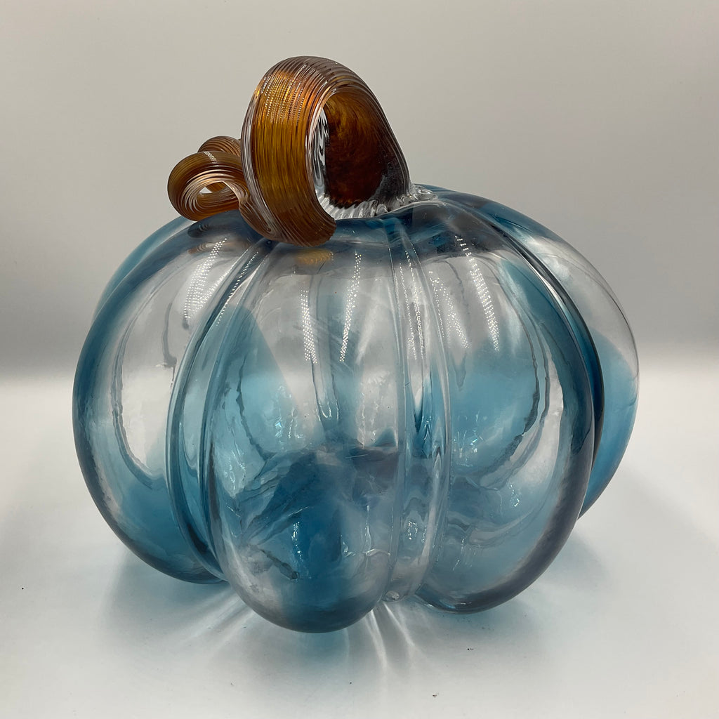 Glass Pumpkin Hand-Blown Blue Brown Stem