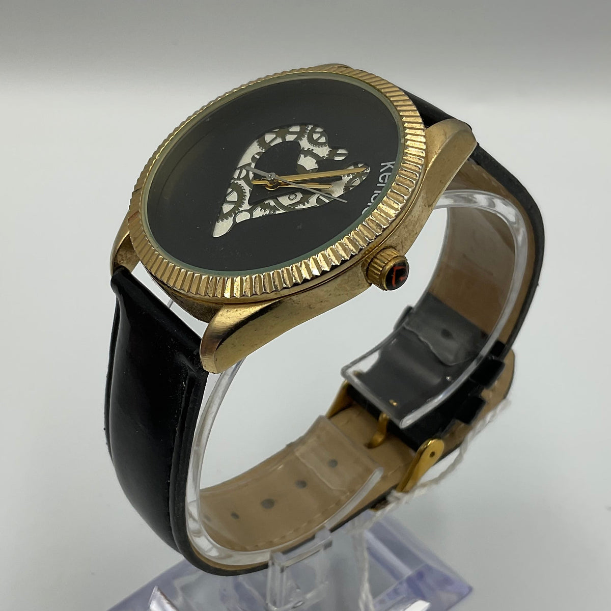 Kensie Heart Gear Design Goldtone Watch Black Leather Band Japan Mvmt