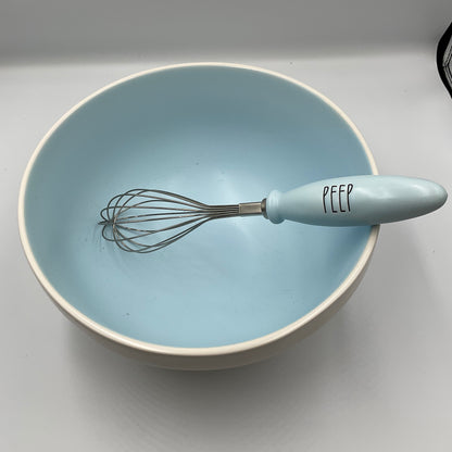 Rae Dunn Happy Easter Blue Ceramic Mixing Bowl PEEP Whisk Set