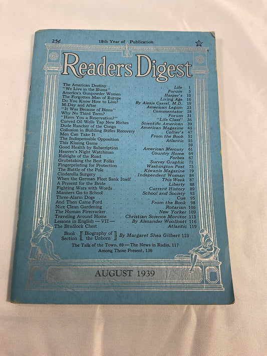 Readers Digest Vintage August 1939 Margaret Shea Gilbert Volume 35 #208